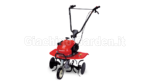 Motozappa a scoppio Honda F220 con frese e ruotino anteriore per la lavorazione del terreno nell'orto e in giardino, vista frontale su sfondo bianco.