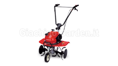 Motozappa a scoppio Honda F220 con frese e ruotino anteriore per la lavorazione del terreno nell'orto e in giardino, vista frontale su sfondo bianco.