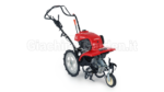 Motozappa Honda FF300 rossa con frese controrotanti e ruota anteriore, vista laterale su sfondo bianco.