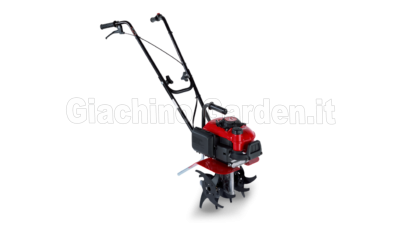Micro-motozappa Honda FG 201 rossa per orto e giardino con quattro frese a stella, vista dall'alto su sfondo bianco.