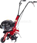 Motozappa Eurosystems La Zappa con motore a scoppio OHV rossa e nera, vista laterale con frese agricole e ruotino anteriore per la lavorazione del terreno.