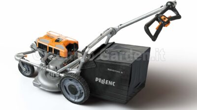 Tosaerba professionale a batteria Pellenc Rasion 2 con cesto di raccolta morbido da 70 litri e manubrio ergonomico.