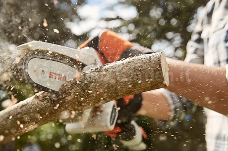 Operatore che taglia un ramo in giardino con il potatore a batteria STIHL GTA 26 mentre vola della segatura