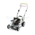 Tosaerba professionale Grin HM46 IS a spinta con motore Briggs & Stratton e sistema di taglio mulching senza cesto. Vista di tre quarti che mostra la scocca grigia, le ruote robuste e il manubrio ergonomico con avviamento elettrico InStart