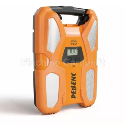 Batteria multifunzionale ultrasottile Pellenc ULiB 750 al litio per elettroutensili professionali, vista prospettica con display digitale e scocca arancione.