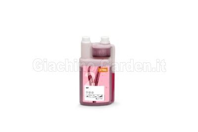 Flacone da 1 litro di olio STIHL HP per motori a 2 tempi con dosatore integrato, etichetta rosa e bianca, e liquido rosso visibile.