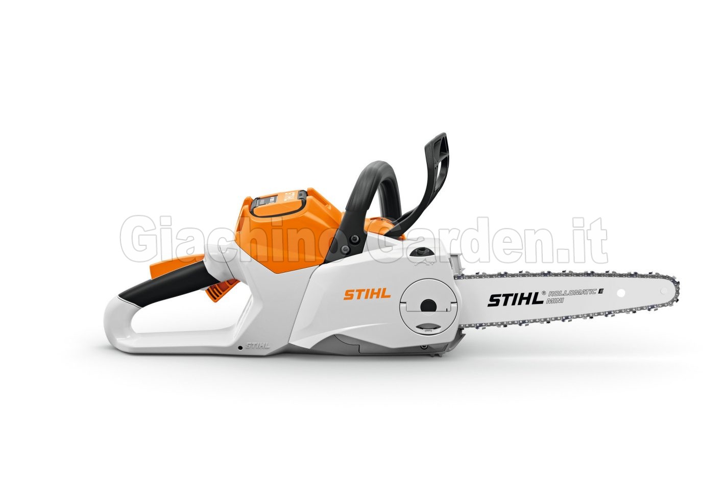 Motosega a batteria Stihl MSA 160 C-B con spranga Rollomatic E Mini vista laterale su sfondo bianco