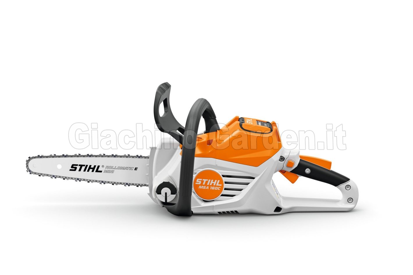 Motosega a batteria Stihl MSA 160 C-B vista laterale sinistra del motore e della spranga su sfondo bianco