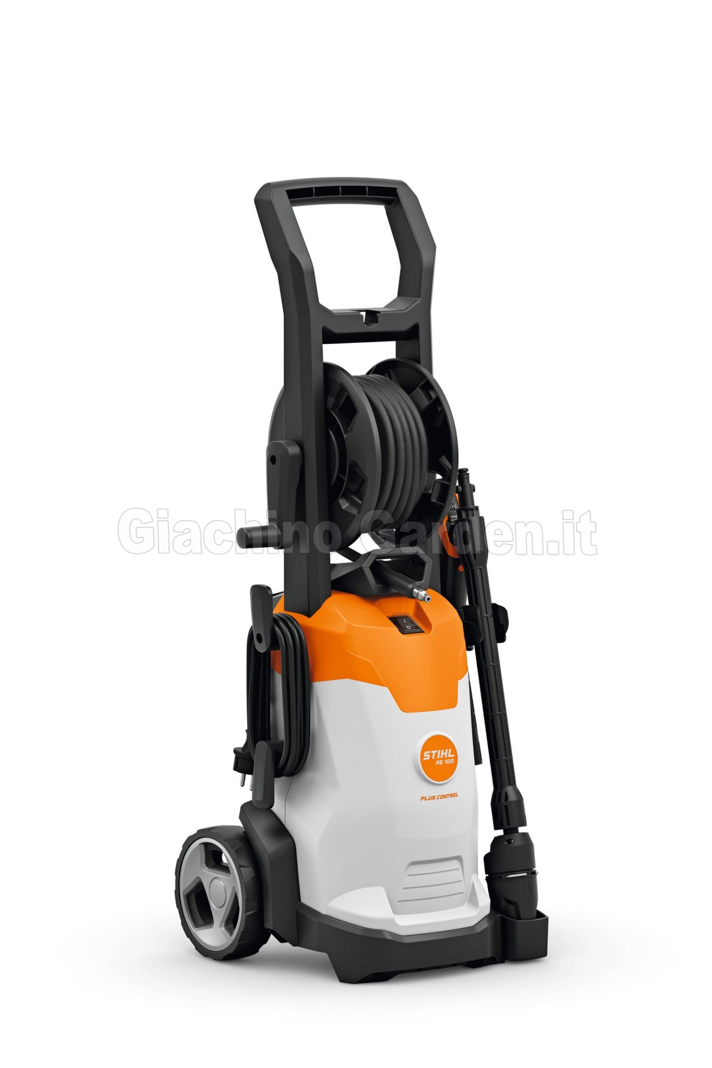 Idropulitrice STIHL RE 100 PLUS CONTROL con dettaglio del gancio laterale portacavo e avvolgitubo integrato.