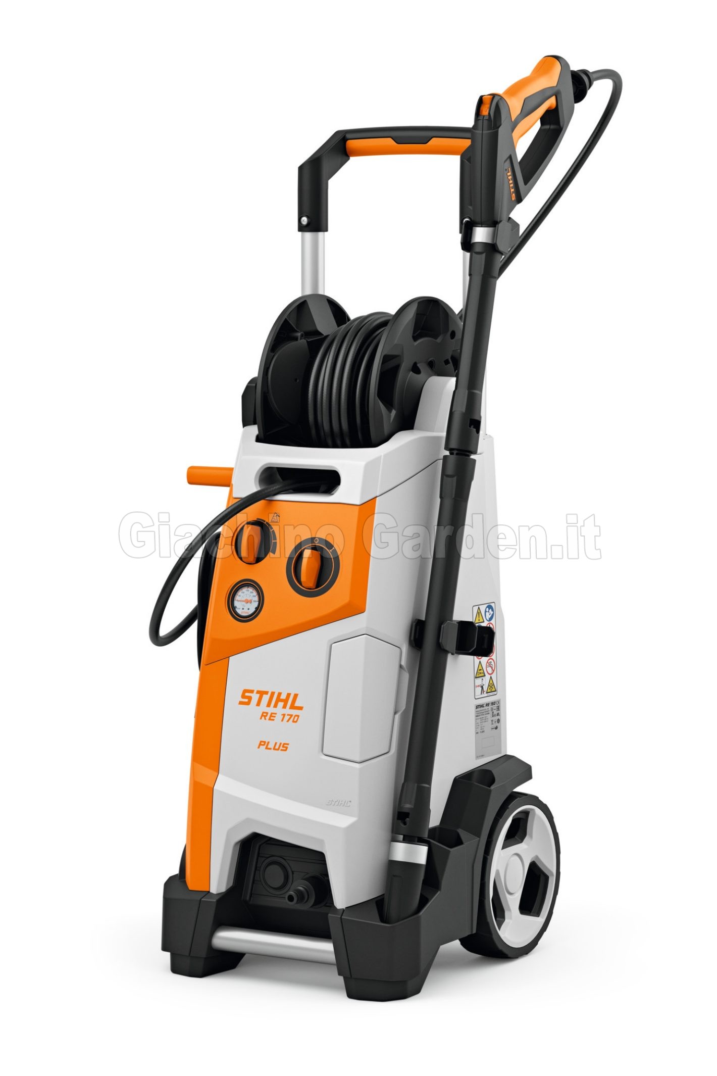 Idropulitrice elettrica ad alta pressione Stihl RE 170 Plus con avvolgitubo integrato, manometro e lancia montata, vista frontale su sfondo bianco.