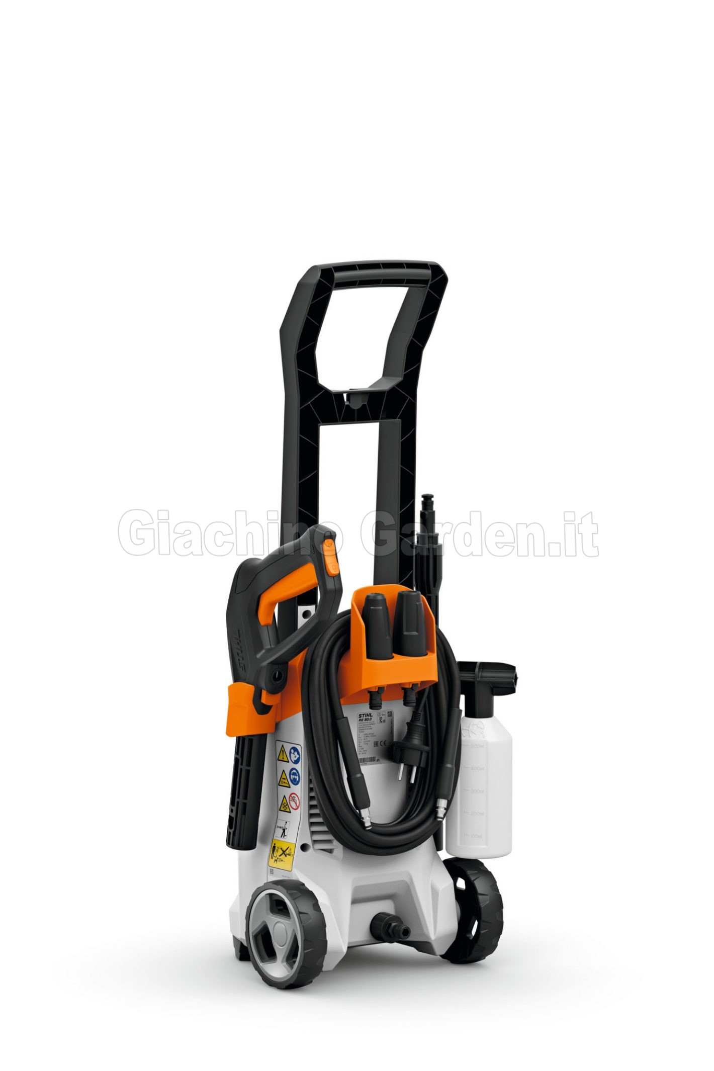 Idropulitrice compatta STIHL RE 80 con vani porta-accessori integrati per pistola, lancia, ugelli e flacone detergente, vista sul retro.