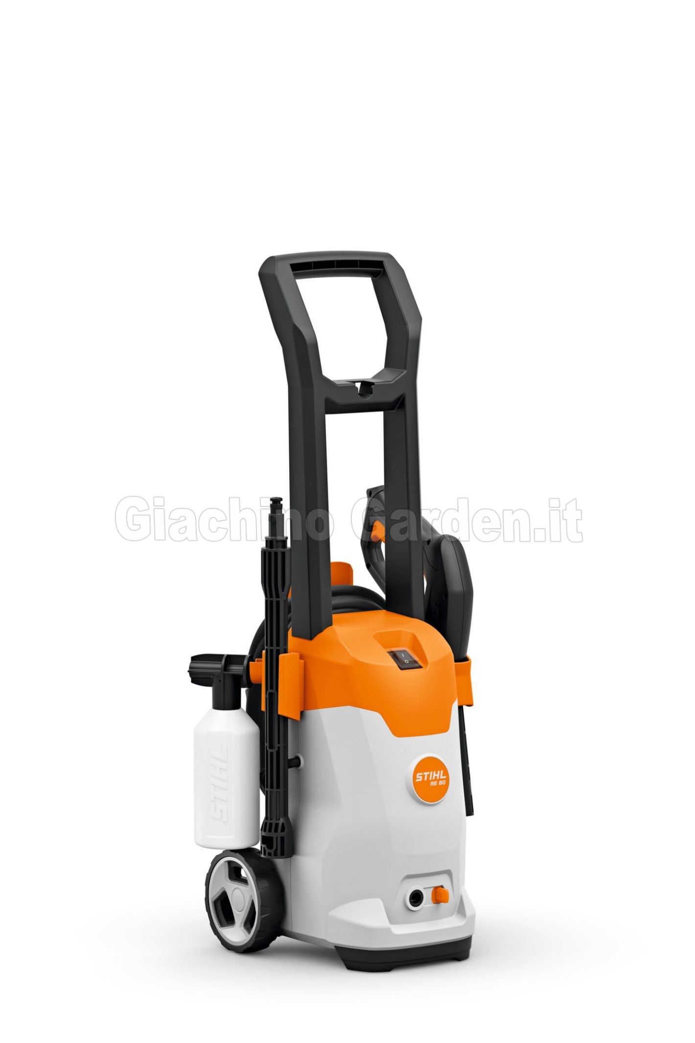 Idropulitrice ad alta pressione STIHL RE 80 con carrello, lancia integrata e spruzzatore di detergente, vista laterale.