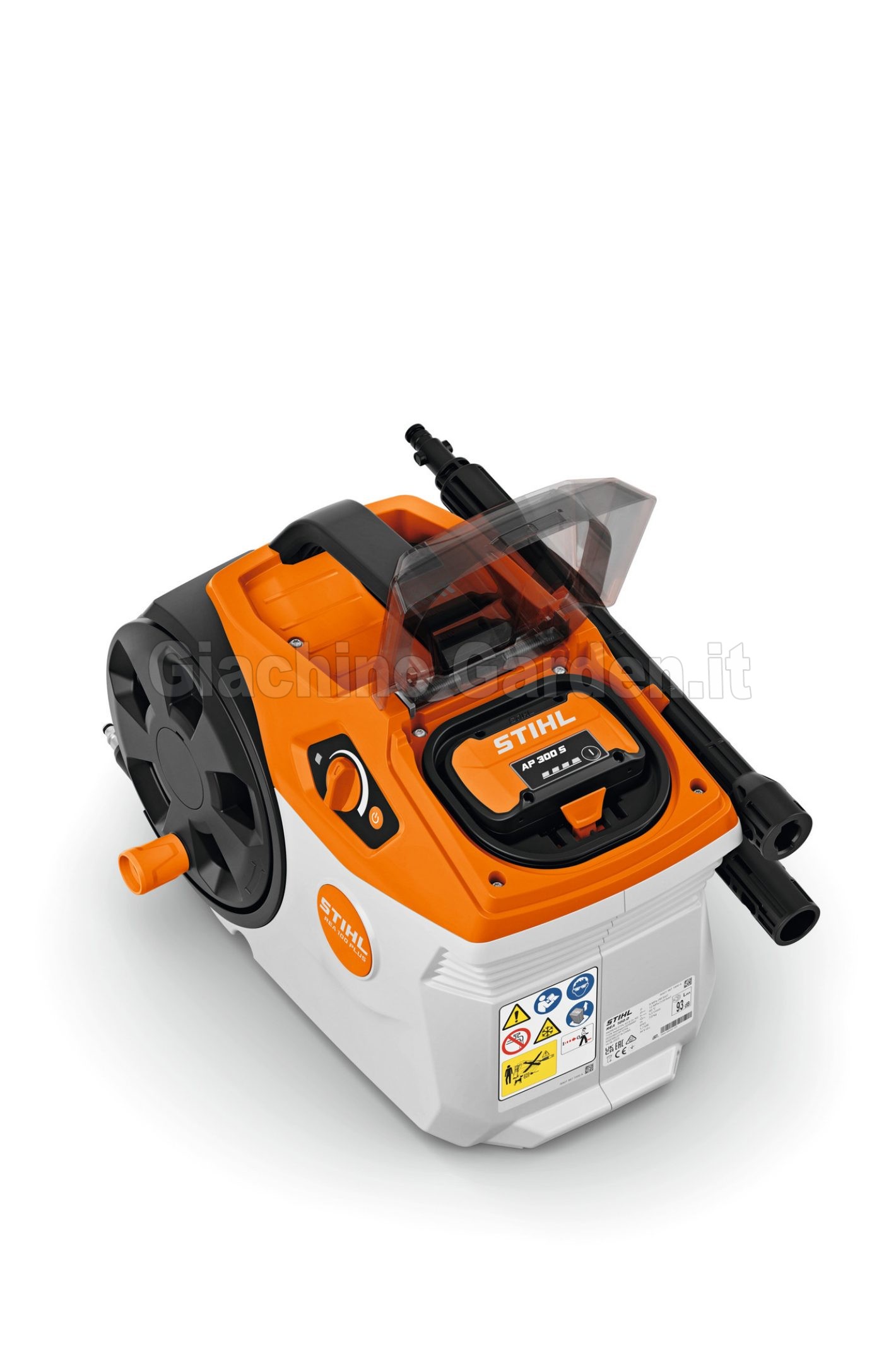 Dettaglio del vano superiore dell'idropulitrice a batteria STIHL REA 100 PLUS con sportello trasparente aperto