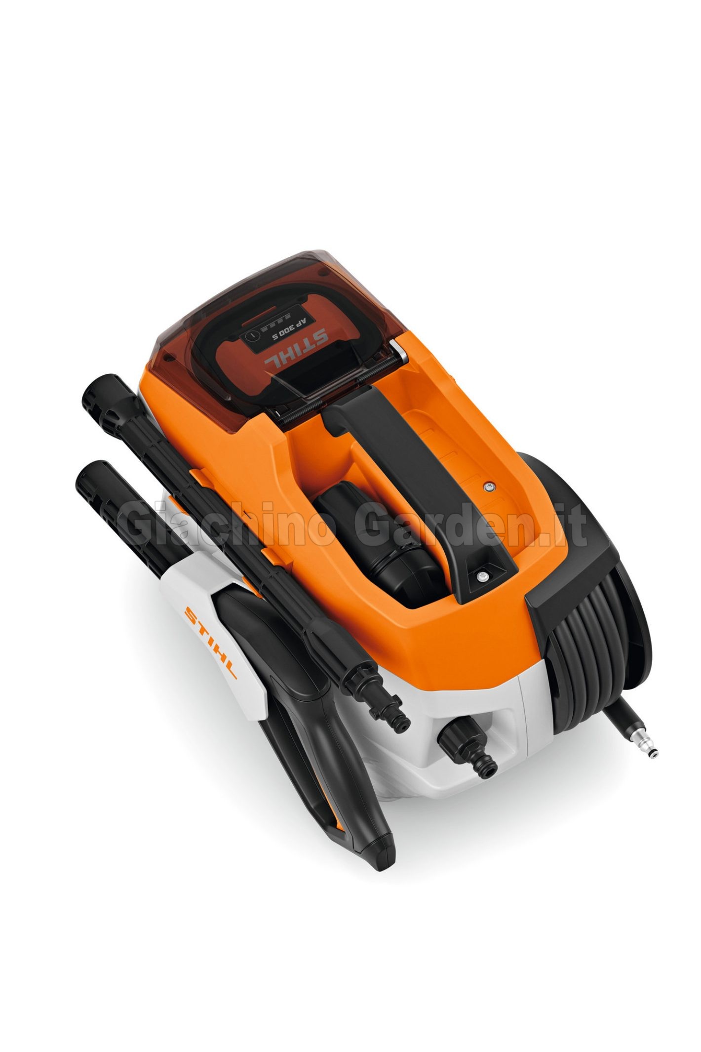 Vista dall'alto dell'idropulitrice compatta STIHL REA 100 PLUS con sportello batteria trasparente chiuso