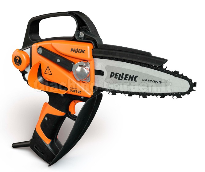 Motosega da potatura a batteria Pellenc Selion M12 Evo con barra Carving, vista laterale su sfondo bianco