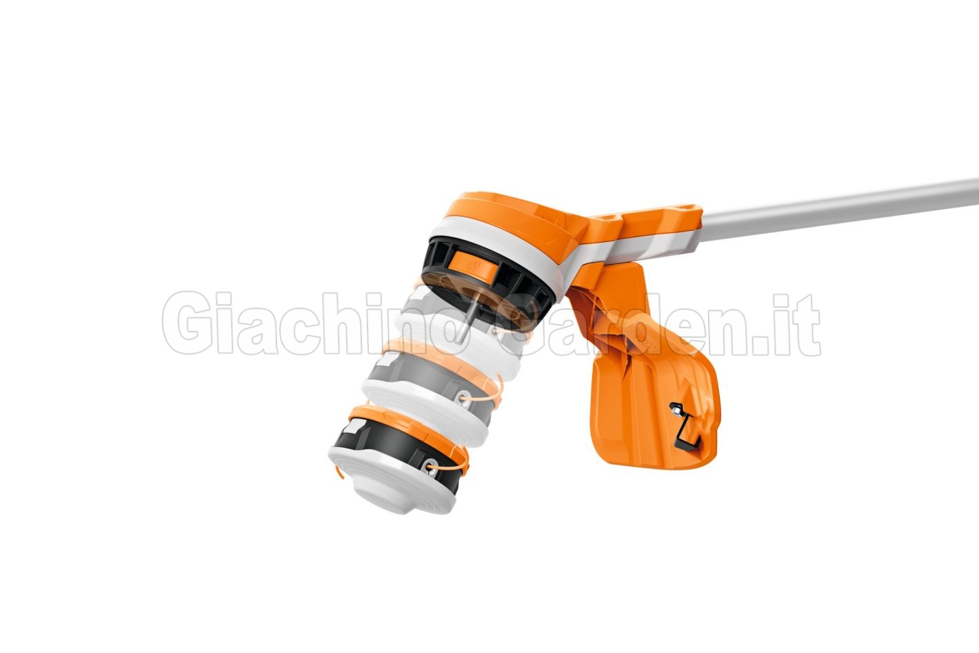 Grafica esplicativa del sistema di aggancio e sgancio rapido Rapid Click per la testina del decespugliatore Stihl FSA 110 R.