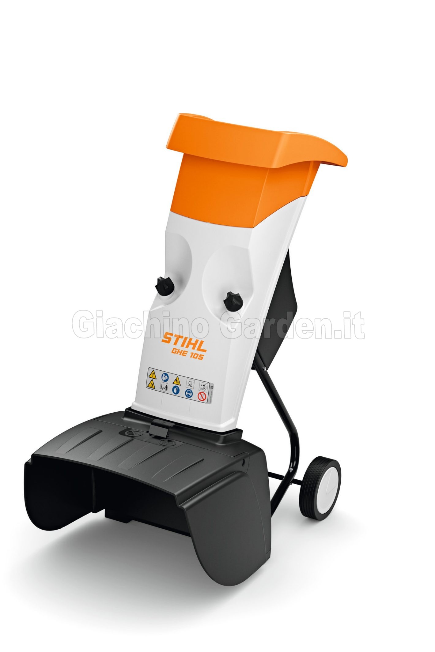 Cippatore elettrico STIHL GHE 105 compatto con doppia apertura di sminuzzamento e adesivi di sicurezza visibili