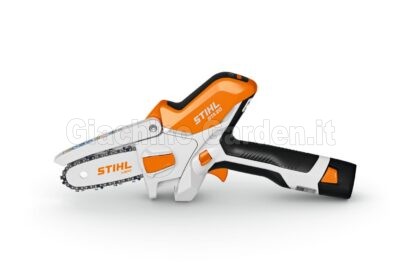 Mini sega a batteria Stihl GTA 20 vista laterale su sfondo bianco per potatura giardinaggio