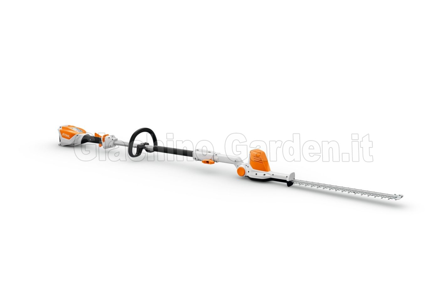 Tagliasiepi telescopico a batteria STIHL HLA 56 per la cura di siepi alte, vista laterale su sfondo bianco.