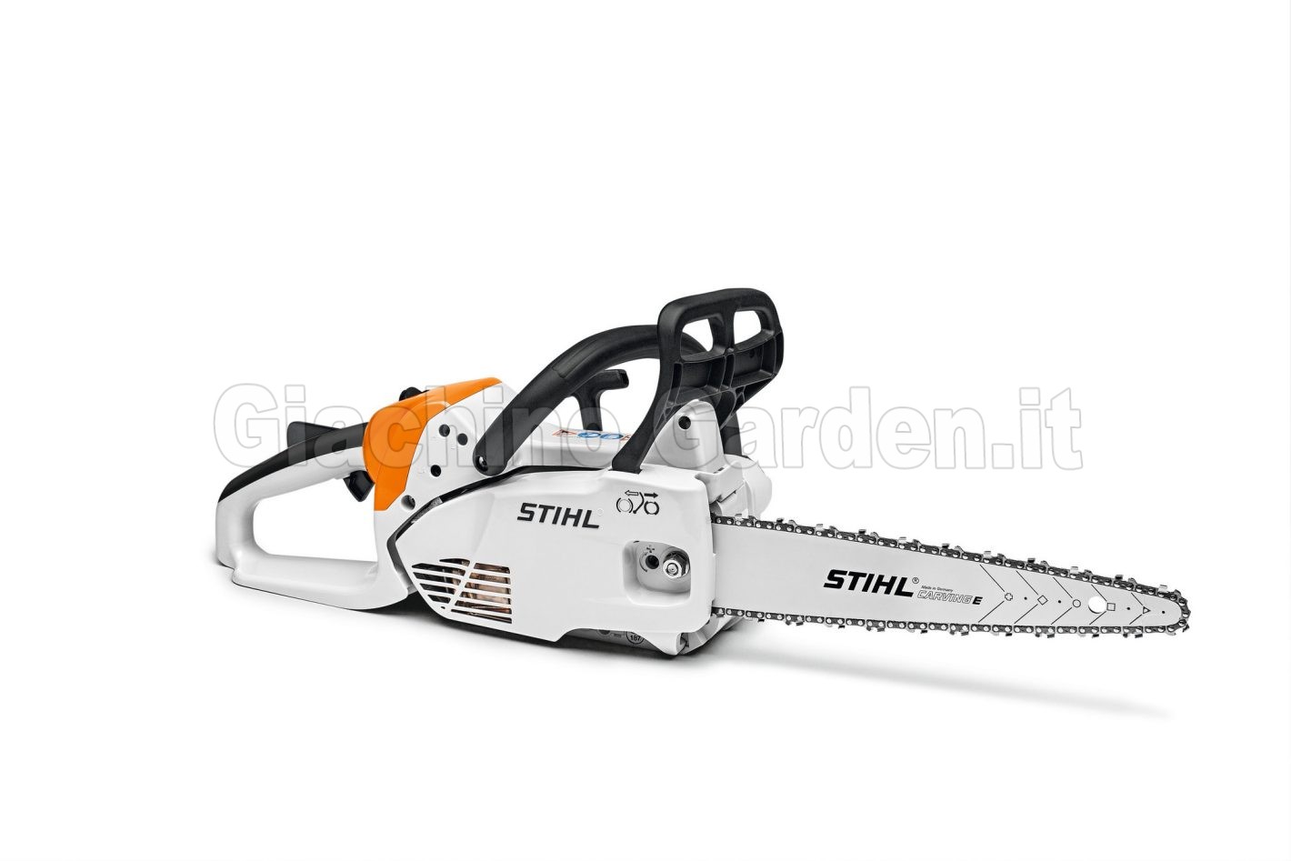 Motosega da intaglio Stihl MS 151 C-E Carving con impugnatura posteriore su sfondo bianco