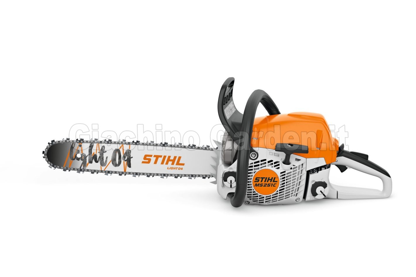 Motosega a scoppio STIHL MS 251 C da 3,0 CV con barra Light 04 su sfondo bianco