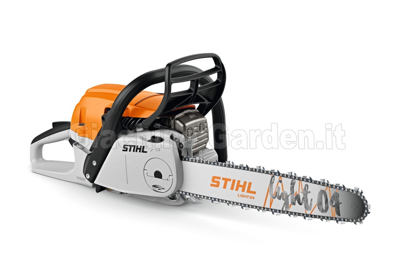 Vista angolata della motosega professionale STIHL MS 261 C-BM con spranga Light 04 e tendicatena rapido