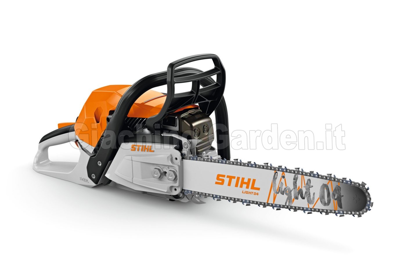 Dettaglio frontale motosega a scoppio STIHL MS 300 C-M con paramano e catena montata