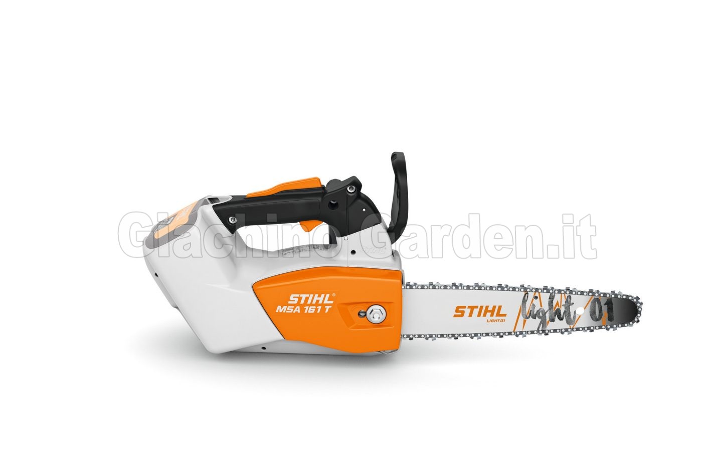 Motosega a batteria da potatura STIHL MSA 161 T con barra Light 01 su sfondo bianco