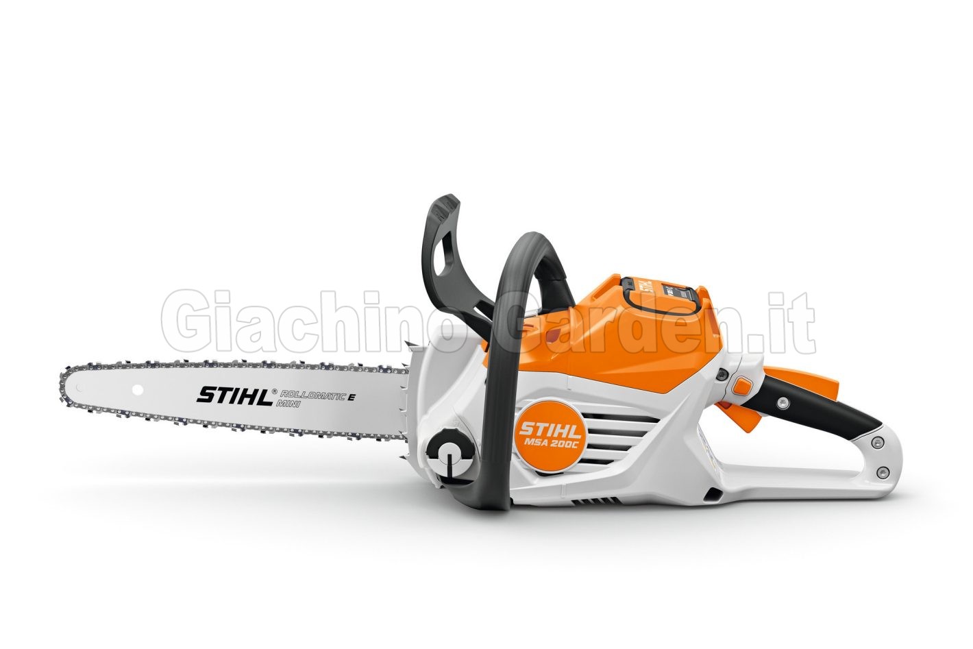Vista laterale motosega a batteria STIHL MSA 200 C-B con logo ufficiale su sfondo bianco