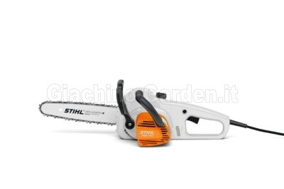 Elettrosega Stihl MSE 141 C da 1,4 kW con cavo elettrico e freno catena QuickStop Super, vista laterale su sfondo bianco.