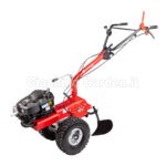 Motocoltivatore Eurosystems P70 EVO con accessorio assolcatore rincalzatore a ali fisse per orto su sfondo bianco