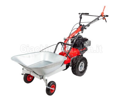 Motocoltivatore Eurosystems P70 EVO con accessorio vasca di trasporto e carrello a ruote pivotanti su sfondo bianco