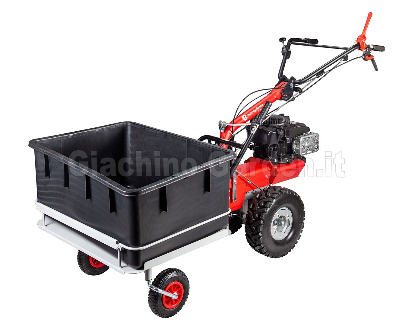 Motocoltivatore multifunzione Eurosystems P70 EVO con accessorio vasca di trasporto e cassone in plastica nera su sfondo bianco