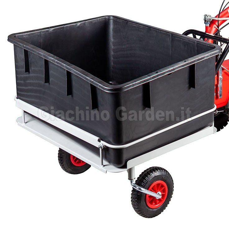 Accessorio contenitore in plastica per vasca piana Eurosystems P70 EVO montato su carrello con ruote su sfondo bianco