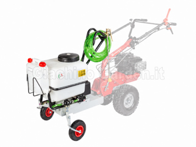 Motocoltivatore Eurosystems P70 EVO con accessorio Eco Sprayer botte da irrorazione con serbatoio bianco e tubo verde avvolto