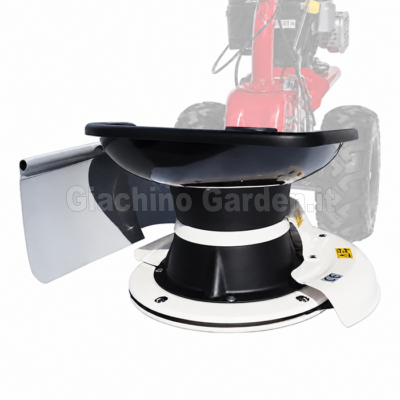 Dettaglio dell'accessorio kit ranghinatore a tamburo per Eurosystems P70 EVO con paratia laterale andanatrice e ruote tassellate
