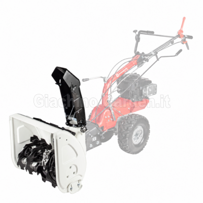 Turboneve a scoppio Eurosystems P70 EVO con accessorio fresa spazzaneve a doppio stadio e camino orientabile su sfondo bianco