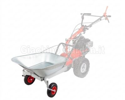 Motocoltivatore Eurosystems P70 EVO con accessorio vasca di trasporto e carrello a ruote pivotanti su sfondo bianco