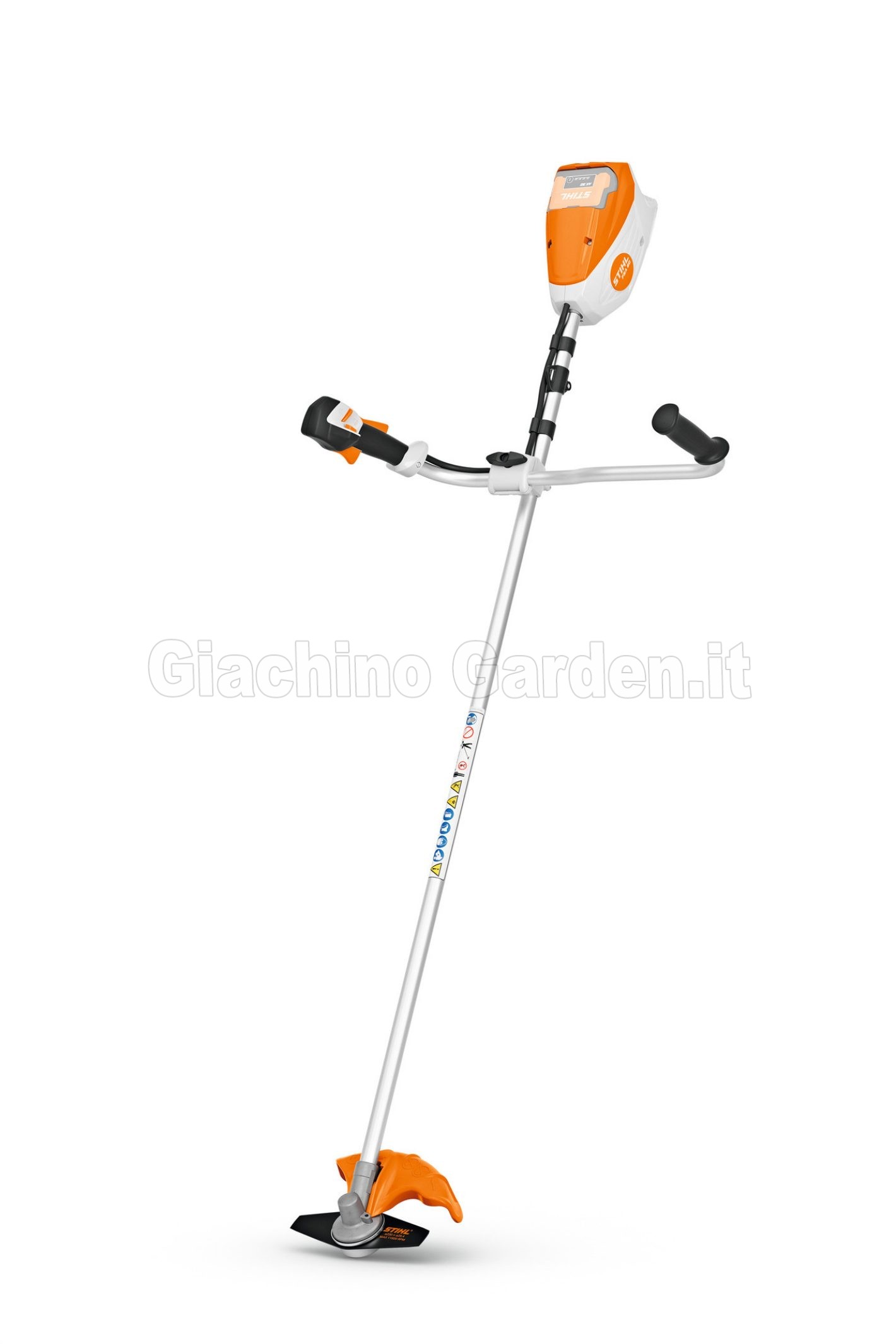 Decespugliatore a batteria STIHL FSA 80 con impugnatura a manubrio doppia, vista frontale su sfondo bianco.