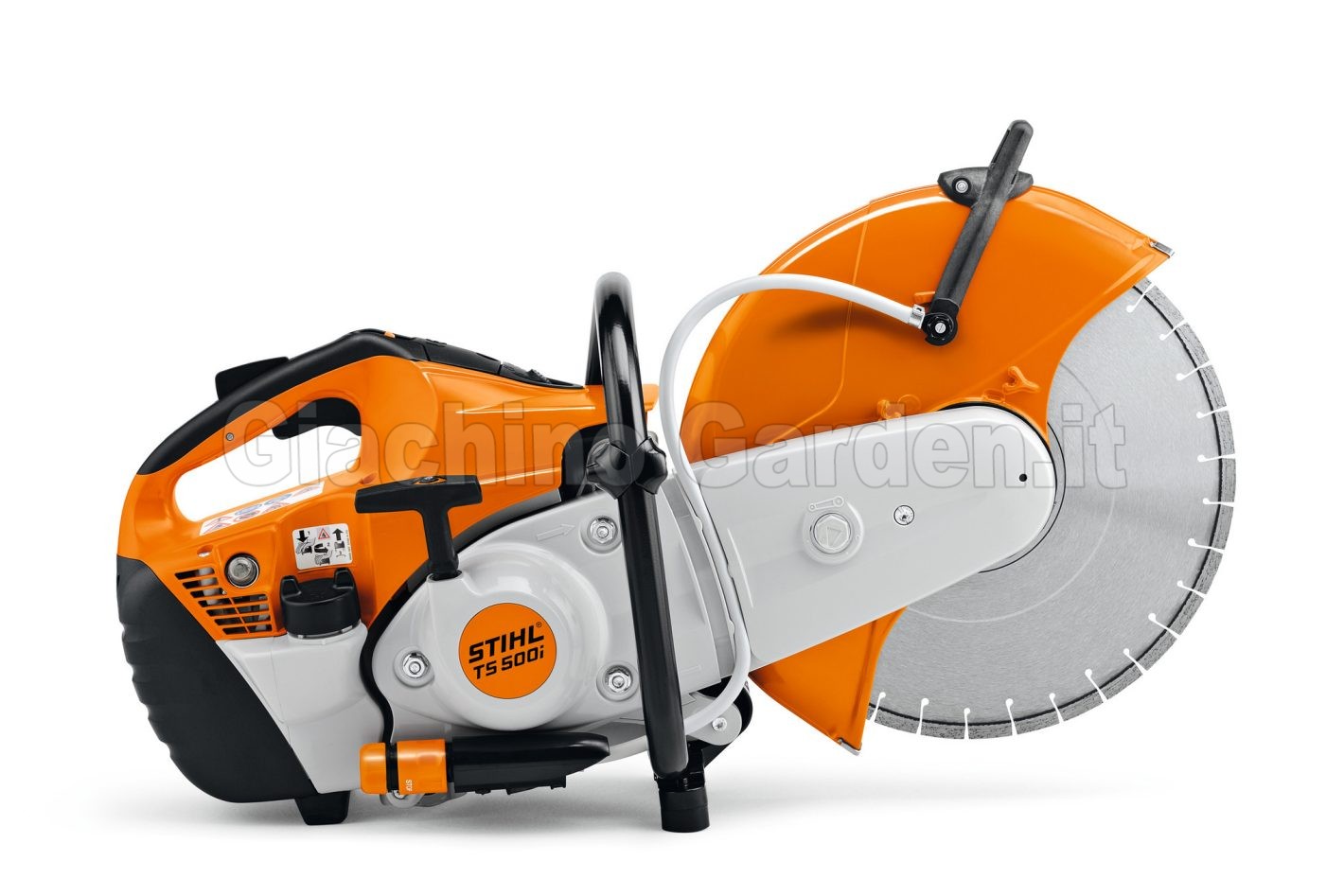 Mototroncatrice a iniezione elettronica STIHL TS 500i con disco diamantato su sfondo bianco.