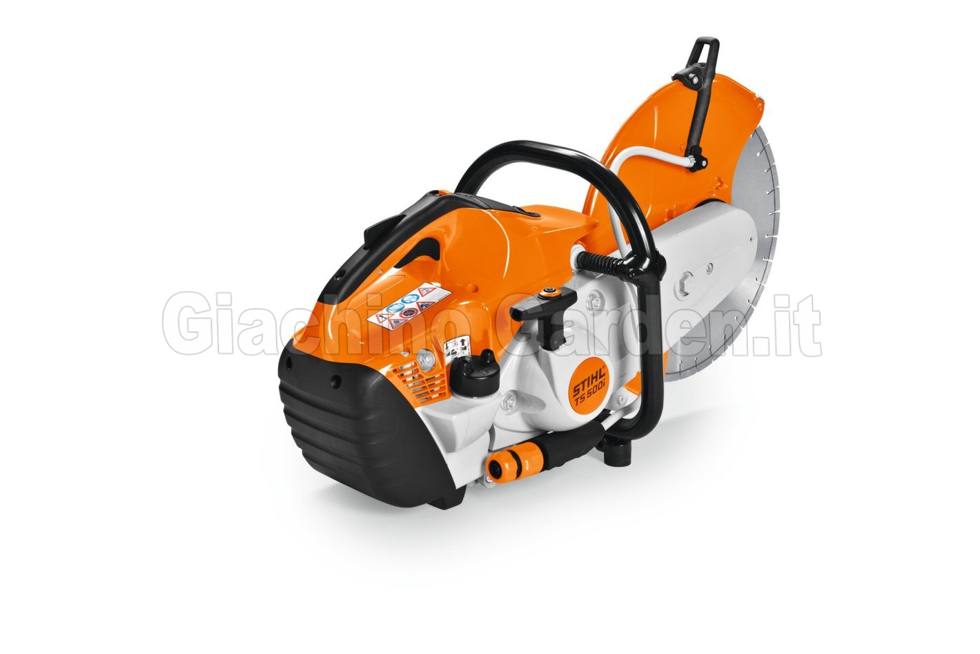 Vista prospettica posteriore della mototroncatrice a iniezione STIHL TS 500i su sfondo bianco.
